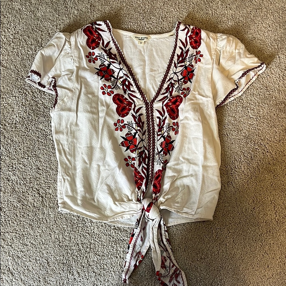Zara White and Red Embellished Tie Front Blouse